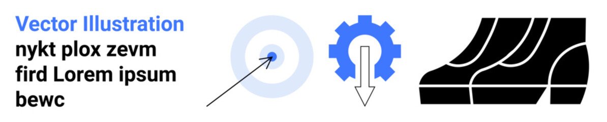 Bullseye with arrow, gear with down arrow, conveyor belt elements. Ideal for teamwork, efficiency, production, logistics, strategy, goal setting flat landing page banner