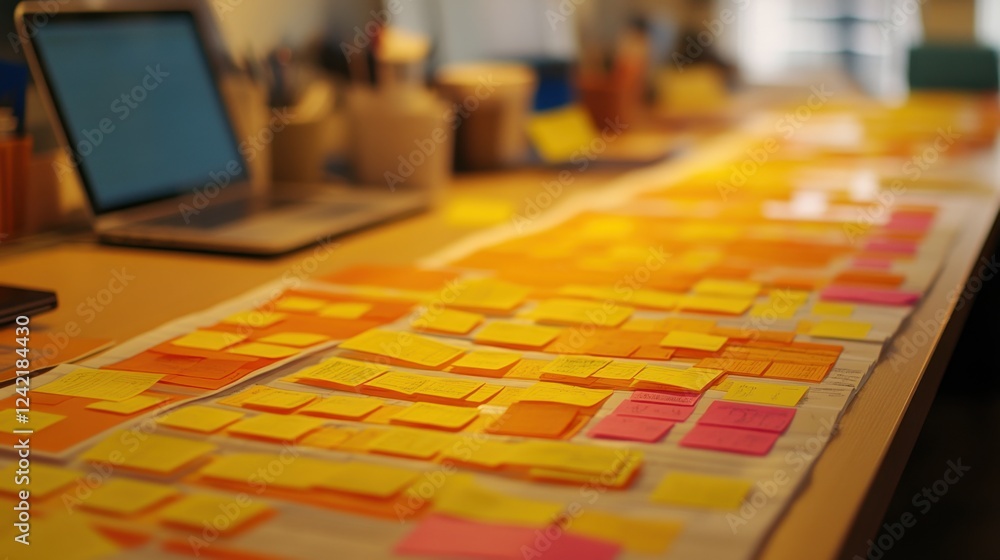 Poster a clean and efficient office desk with a printed project roadmap and laptop.