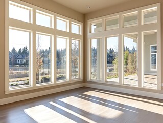 Fototapeta premium Bright and airy interior with large windows and natural light illuminating the space.