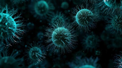 Close-up of blue-green bacteria under a microscope in dark background