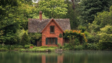Obraz premium Red brick cottage by tranquil lake in lush garden.