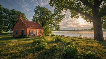 Rustic brick cottage by tranquil lake at sunrise.