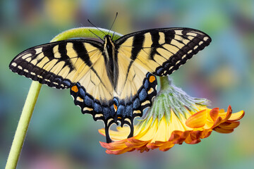 USA, Washington State, Sammamish. Eastern tiger swallowtail buttery on orange gerber daisy