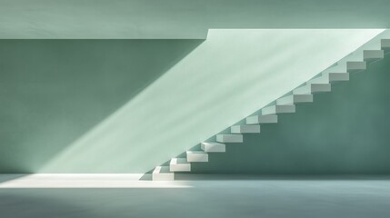 Obraz premium A minimalist interior featuring a staircase casting shadows, illuminated by natural light against a soft green wall.