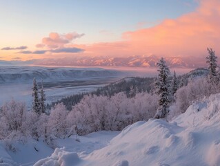 Snowy mountain landscape with pink sky at sunset or sunrise with white trees and snow