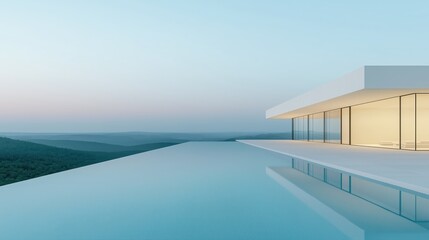 Fototapeta premium A modern architectural design featuring a sleek house with an infinity pool, overlooking serene hills under a soft blue sky.