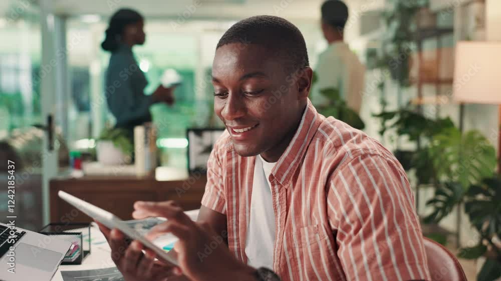 Poster tablet, happy and black man in office with research for company event planning with budget. digital 