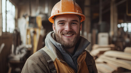 Young male carpenter wearing protective workwear, orange helmet, smiling at the camera. craftsman working with hardwood, standing indoors, manufacturing timber, precision pressure structure.