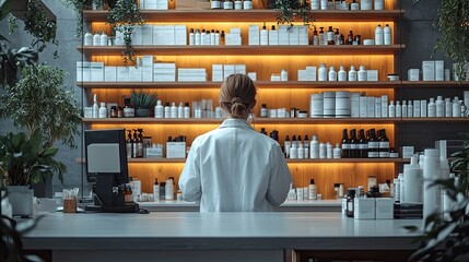 A person in a white coat stands at a counter in front of shelves filled with various bottles and boxes