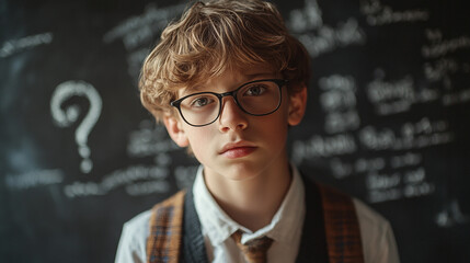 Young middle school student, boy with worried and anxious face expression. male person standing in front of the blackboard. thinking of an idea, question mark drawing, searching for an answer, sad.