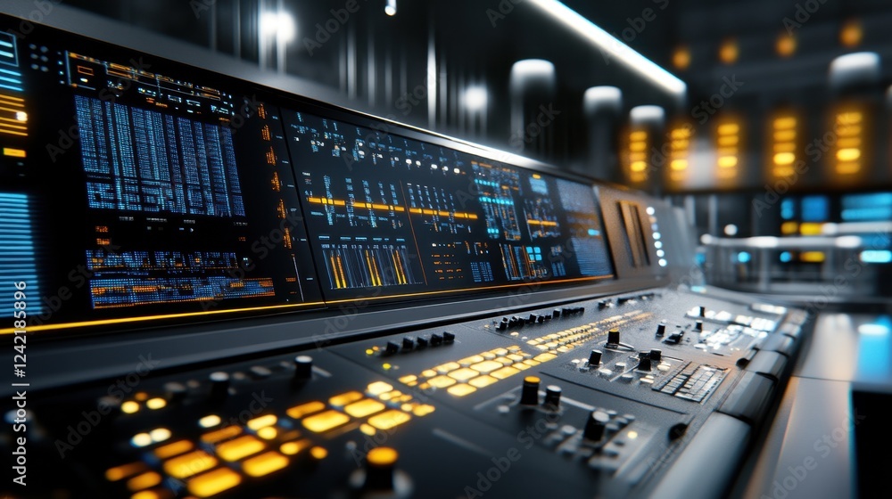 Poster a factory floor with synchronized digital production control boards.