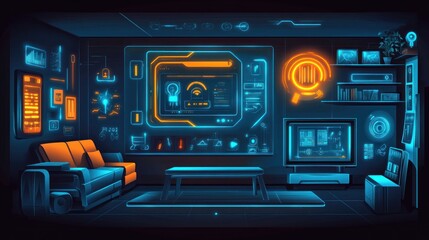 Futuristic smart home interior with holographic displays and interactive devices.