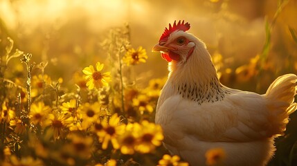 White chicken is standing in a field of yellow flowers with the sun setting behind it