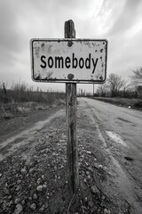 Rustic wooden sign bearing the word 'somebody' stands on a gravel path surrounded by barren trees under a cloudy sky in a rural landscape