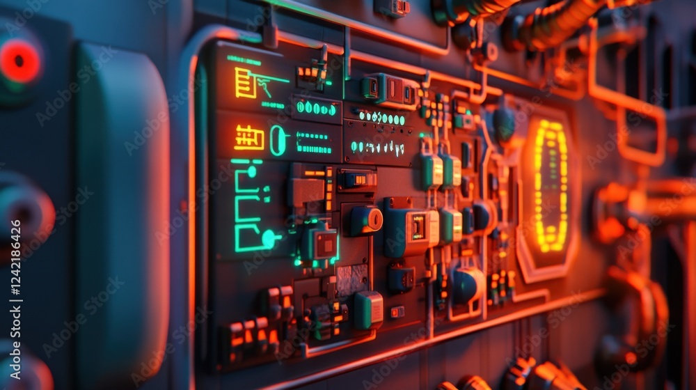 Poster a futuristic industrial automation process flowchart displayed on a holographic panel.