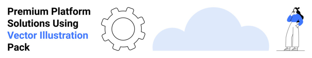 Gear and cloud icons symbolizing technology, paired with a woman in thought. Ideal for innovation, teamwork, problem-solving, software, cloud computing, strategy, flat landing page banner