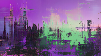 Abstract cityscape with glitch art effect in vibrant purple and green hues creates a futuristic ambiance. Distorted Reality Effects. Illustration