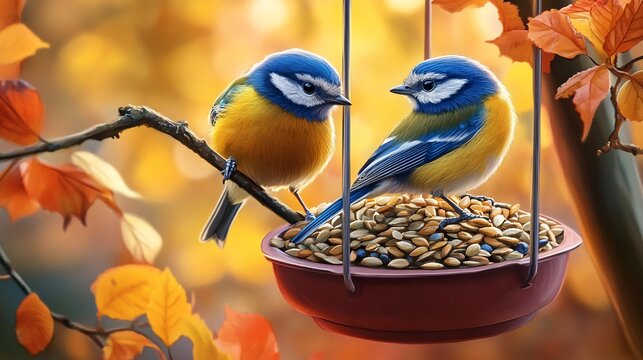 Two blue tits happily feeding on seeds from a bird feeder on a sunny autumn day
