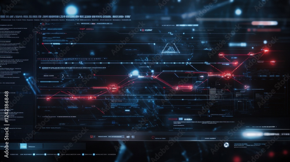 Poster a high-tech ai-assisted swimlane diagram displayed on a dark mode business analytics dashboard.