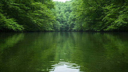 Calm river reflecting lush green forest