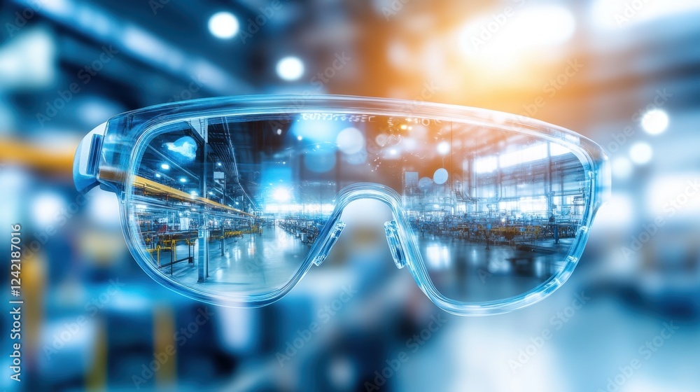 Aufkleber a high-tech factory utilizing smart glasses and augmented reality for industrial process monitoring.