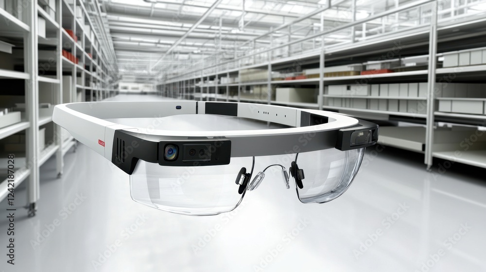 Poster a high-tech factory utilizing smart glasses and augmented reality for industrial process monitoring.