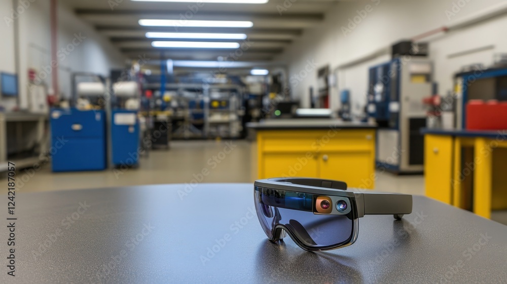 Poster a high-tech factory utilizing smart glasses and augmented reality for industrial process monitoring.