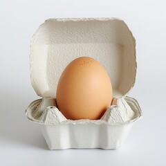 Single brown egg resting in a carton with a plain white background