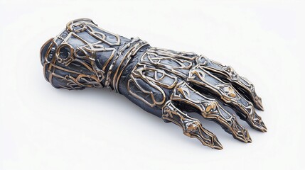 Golem-forged steel gauntlets adorned with intricate runic symbols, showcasing craftsmanship and magical heritage, set against a pure white backdrop, 3D rendered design.