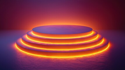 Fototapeta premium Illuminated tiered platform, neon glow, studio, product display
