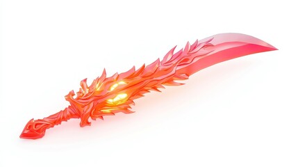 Phoenix-feathered glaive, glowing embers radiating from intricate design, displayed against a pure white backdrop, showcasing artistry and mythical inspiration in three dimensions.