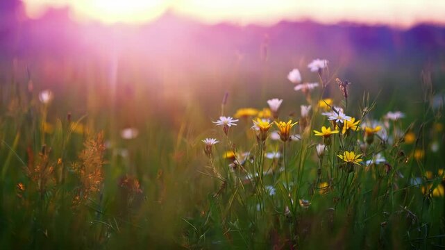 Wildflowers in meadow at sunset. Colorful summer field with daisies and dandelions. Nature awakening for Earth Day, Spring Equinox, or Mother's Day. Tranquil outdoor scene with copy space.