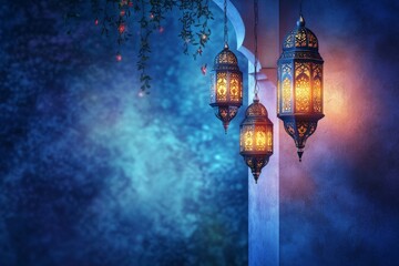 Obraz premium Enchanted Ramadan Night: Glimmering Lanterns Under Starry Sky