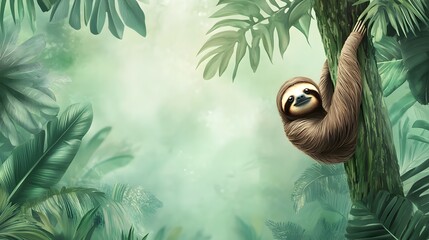Sloth Hanging from Tree in Tropical Rainforest with Dense Green Background