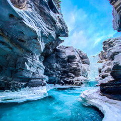 Winter in Jasper, Alberta, Canada – snow-covered mountains, frosty forests, and crisp blue skies. Sunlit trees, birds in flight, and ducks on icy waters capture the beauty of the season.