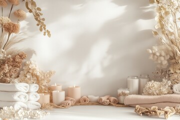 Conjunto de itens de spa com toalhas, velas e elementos decorativos em tons neutros, capturados com luz natural suave, criado com IA generativa.