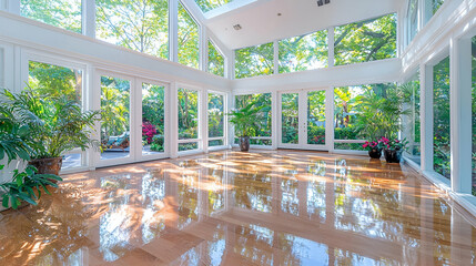 Fototapeta premium Bright sunroom interior with polished wooden floors reflecting natural light and green garden views.