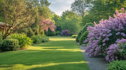 Fototapeta premium Lush Green Lawn and Blooming Lilacs in a Serene Garden Landscape
