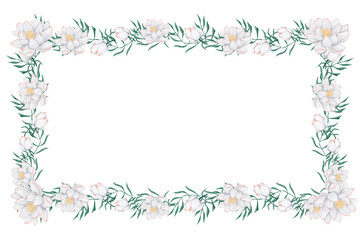 Watercolor Illustration Tropical Frame with White Flowers and Delicate Elegant Foliage for Print, Textile and Web Design
