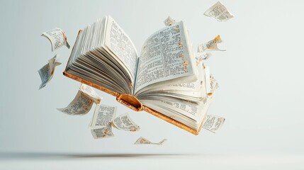 Enchanted tome of knowledge, ethereal pages suspended in air, mystical aura surrounding ancient text, isolated on a pristine white background, captivating visual intrigue.