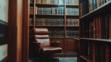 A quiet and professional lawyers office with bookshelves filled with law journals.