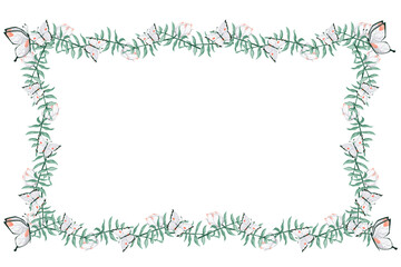 Watercolor Illustration Tropical Frame with White Butterflies and Flower Buds, Delicate Elegant Foliage for Print, Textile and Web Design