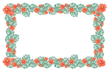 Watercolor Illustration Tropical Floral Frame with Red Hibiscus Flower Heads and Large Exotic Foliage for Print, Textile and Web Design