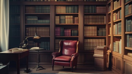 A quiet and professional lawyers office with bookshelves filled with law journals.