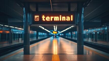 A Distant View of an Empty Subway Terminal with Reflective Floor and Bright Illuminated Signs, Symbolizing Travel and Urban Movement in a Modern Underground Station