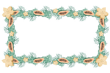 Fototapeta premium Watercolor Illustration Tropical Floral Frame with Papaya, Star Fruit and Large Exotic Foliage for Print, Textile and Web Design