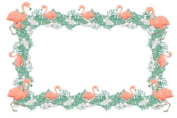 Watercolor Tropical Floral Frame With Flamingos, White Flowers and Lush Exotic Foliage for Print, Textile and Web Design