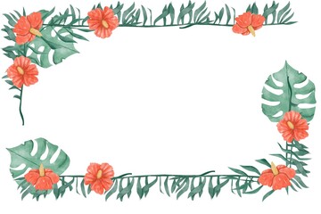 Watercolor Tropical Floral Frame with Red Hibiscus and Lush Exotic Foliage for Print, Textile and Web Design