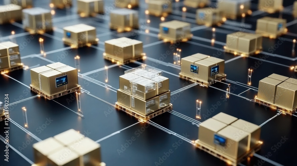 Poster a smart logistics process flow chart tracking supply chain movement in real time.