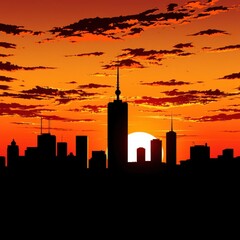 A creative double exposure portrait featuring a contemplative silhouette with a sunset cityscape in the background skyline silhouette 